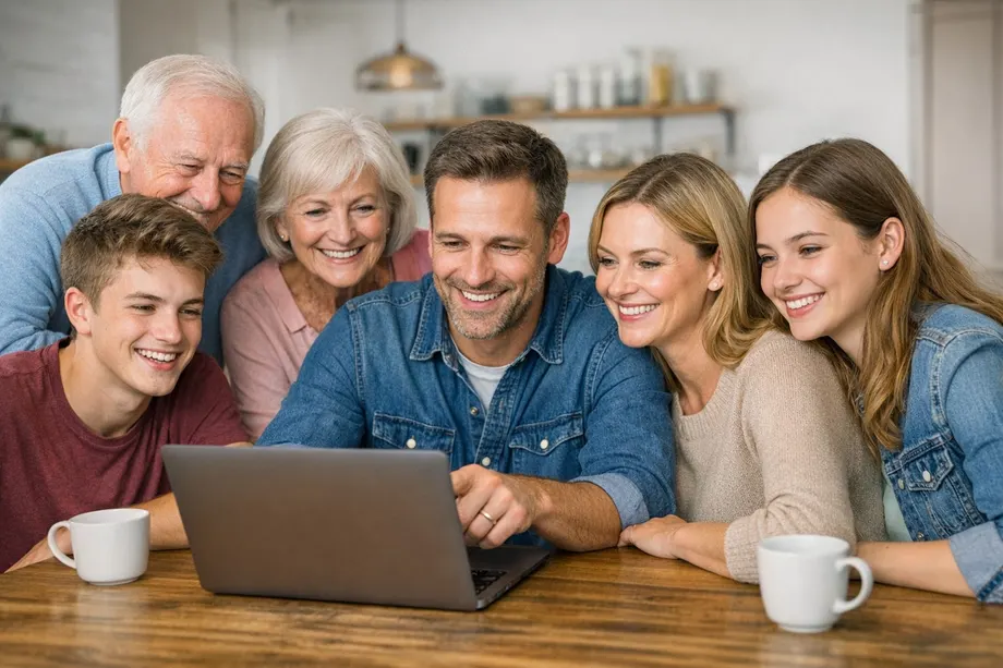 Een familie kijkt samen naar een laptop aan de keukentafel